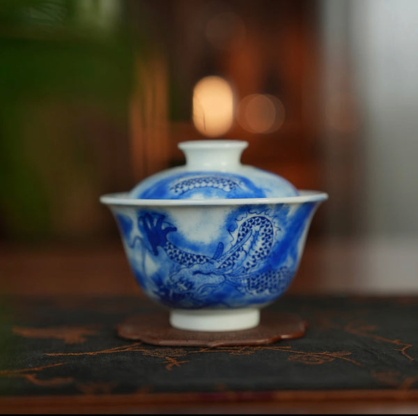 Traditional  One Color Dragon Pattern GaiWan by Hand-drawing