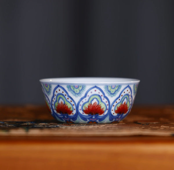 Handcrafted Underglaze Red DunHuang BaoXiang Flower Pattern QingHua Master Cup with Hand-drawing from YiPuTang