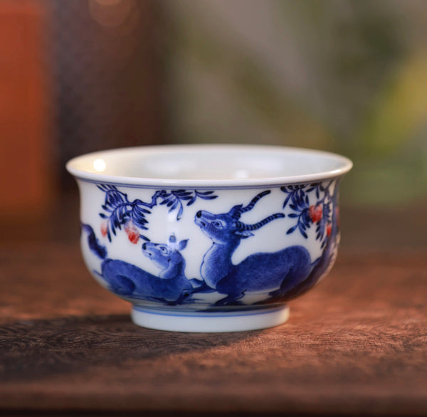 Handcrafted Underglaze Red Tibetan Antelope Pattern QingHua Master Cup with Hand-drawing from YiPuTang