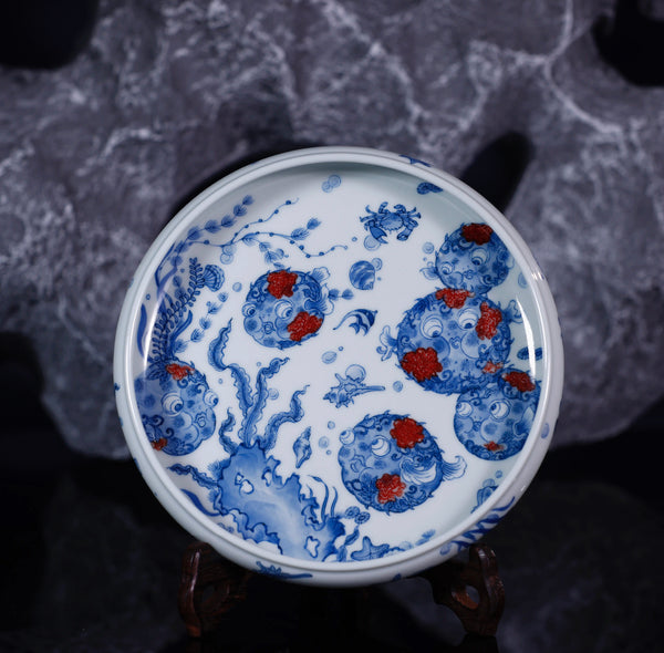 Handcrafted Underglaze Red Globefish Pattern QingHua HuCheng with Hand-drawing from YiPuTang
