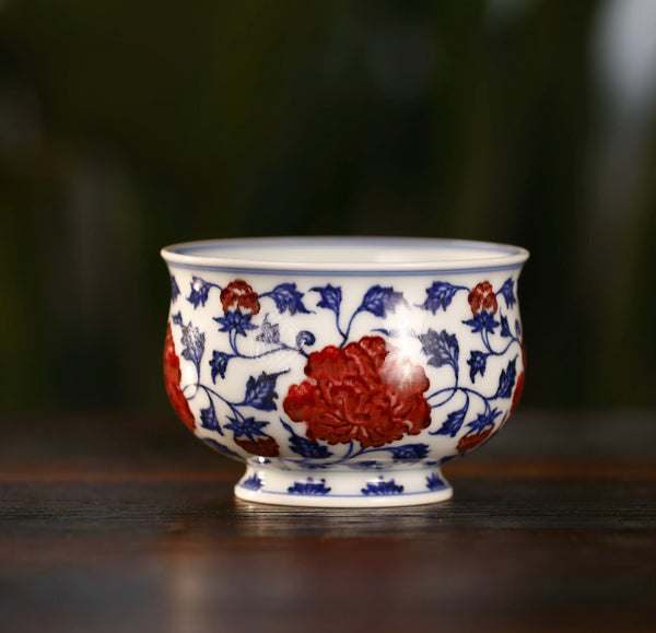 Handcrafted Underglaze Red Poeny Pattern QingHua Master Cup with Hand-drawing from YongMingShangWan