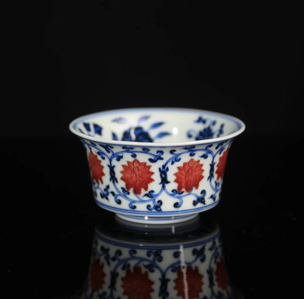 Handcrafted Underglaze Red Lotus Pattern QingHua Master Cup with Hand-drawing from YiPuTang