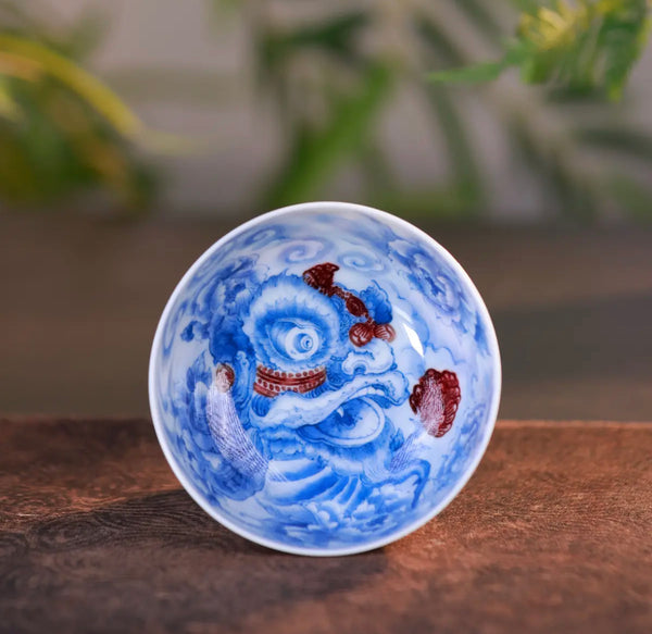 Handcrafted Underglaze Red Lion Pattern QingHua Master Cup with Hand-drawing from YiPuTang