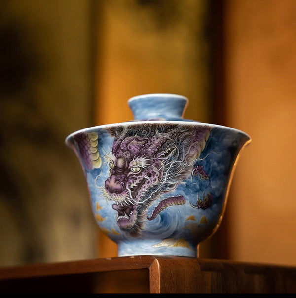 Traditional Rare Colored Dragon Pattern GaiWan by Hand-drawing for Chinese Kungfu Tea