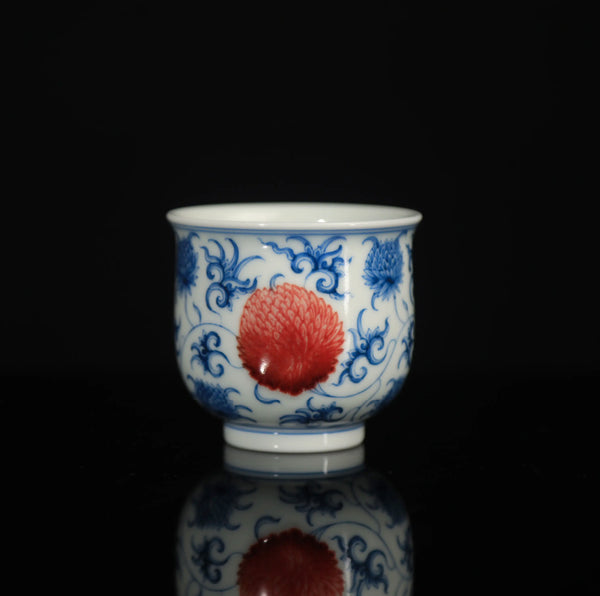 90ml Handcrafted Underglaze Red Chrysanthemum Pattern QingHua Master Cup with Hand-drawing from YiPuTang