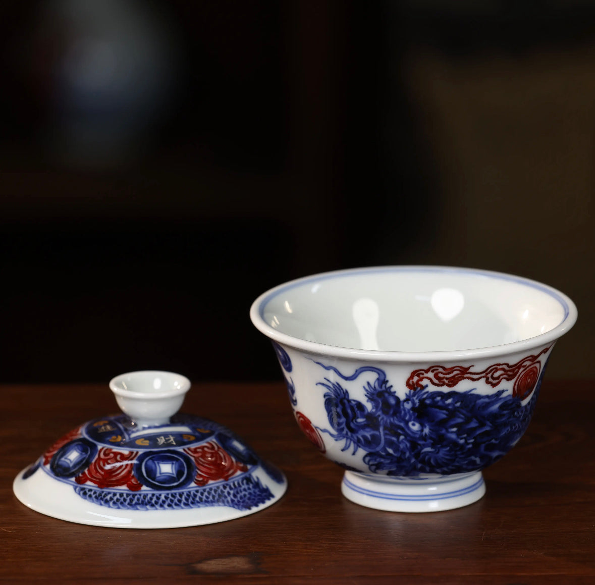 YongMingShangWan YouLiHong LongZhuanQianKun QingHua GaiWan 永明尚玩 釉里红 龙转乾坤 青花盖碗