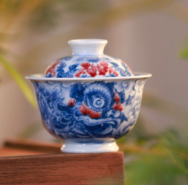 Handcrafted Underglaze Red Lion Pattern QingHua GaiWan with Hand-drawing from YiPuTang