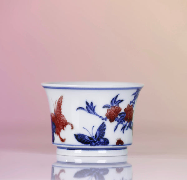 Handcrafted Underglaze Red Butterfly and Flower Pattern QingHua Master Cup with Hand-drawing from YiPuTang