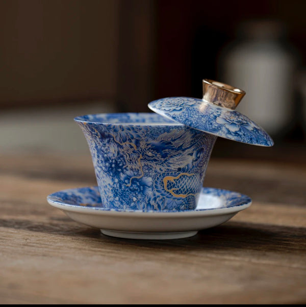 JingDeZhen Gold Dragon Pattern QingHua GaiWan for Kungfu Tea