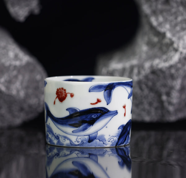 170ml Handcrafted Underglaze Red Dolphin Pattern QingHua Master Cup with Hand-drawing from YiPuTang
