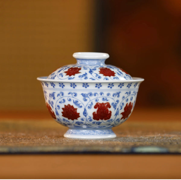 Handcrafted Underglaze Red Dragon and Lotus Pattern QingHua GaiWan with Hand-drawing from YiPuTang