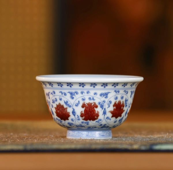 Handcrafted Underglaze Red Dragon and Lotus Pattern QingHua Master Cup with Hand-drawing from YiPuTang