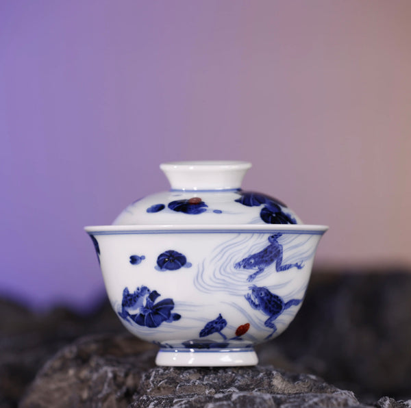 Handcrafted Underglaze Red Frog Pattern QingHua GaiWan with Hand-drawing from YiPuTang