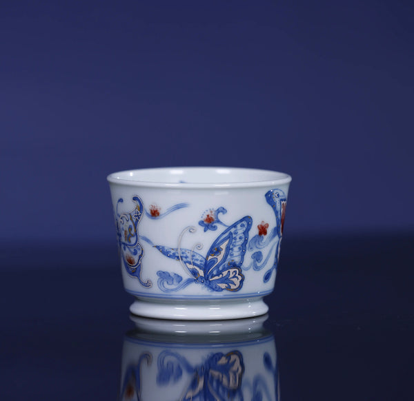 Handcrafted Underglaze Red Butterfly Pattern QingHua Master Cup with Hand-drawing from YiPuTang