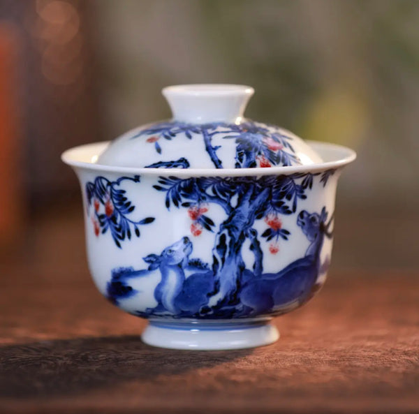 Handcrafted Underglaze Red Tibetan Antelope Pattern QingHua GaiWan with Hand-drawing from YiPuTang