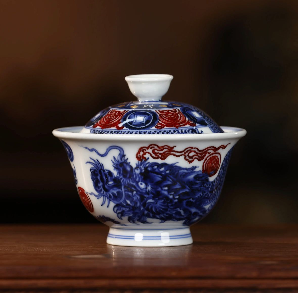 YongMingShangWan YouLiHong LongZhuanQianKun QingHua GaiWan 永明尚玩 釉里红 龙转乾坤 青花盖碗