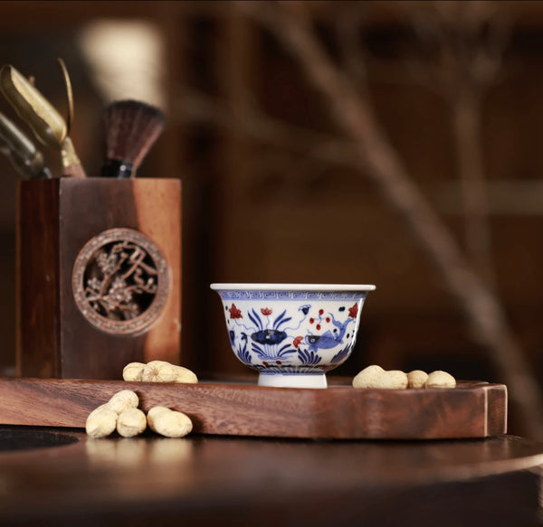 Handcrafted Underglaze Red Fish and Seaweed Pattern QingHua Master Cup with Hand-drawing from YiPuTang