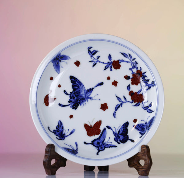 Handcrafted Underglaze Red Butterfly and Flower Pattern QingHua HuCheng with Hand-drawing from YiPuTang