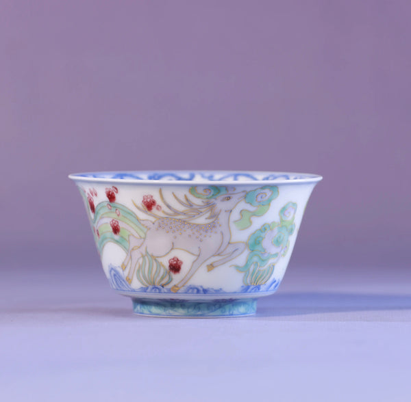 Handcrafted Underglaze Red Colorful Deer Pattern QingHua Master Cup with Hand-drawing from YiPuTang