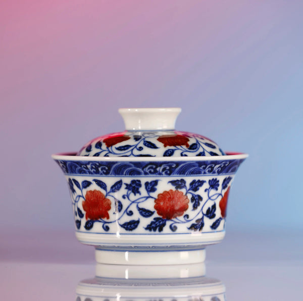 Handcrafted Underglaze Red Dragon and Lotus Pattern QingHua GaiWan with Hand-drawing from YiPuTang