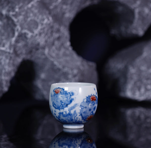 100ml Handcrafted Underglaze Red Globefish Pattern QingHua Master Cup with Hand-drawing from YiPuTang