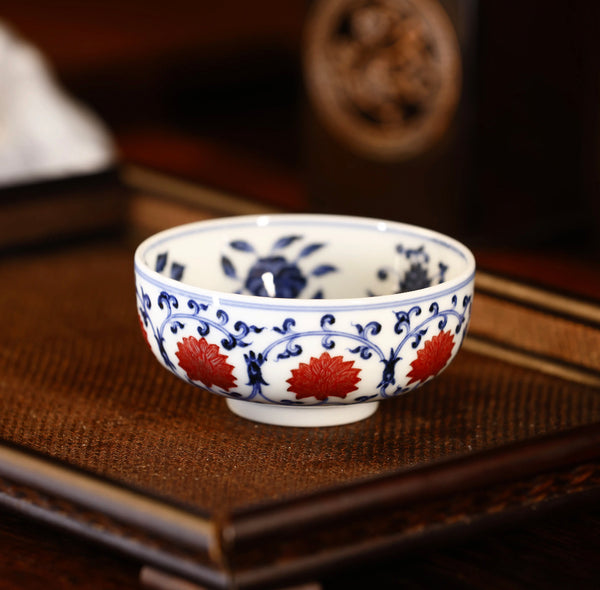 Handcrafted Underglaze Red Lotus Pattern QingHua Master Cup with Hand-drawing from YiPuTang