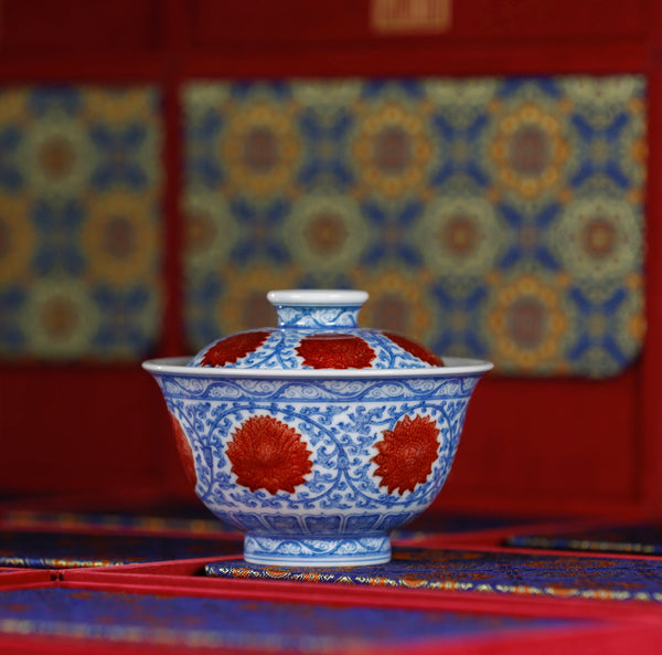 145cc Handcrafted Underglaze Red Chrysanthemum with Branches Pattern QingHua GaiWan with Hand-drawing from YiPuTang