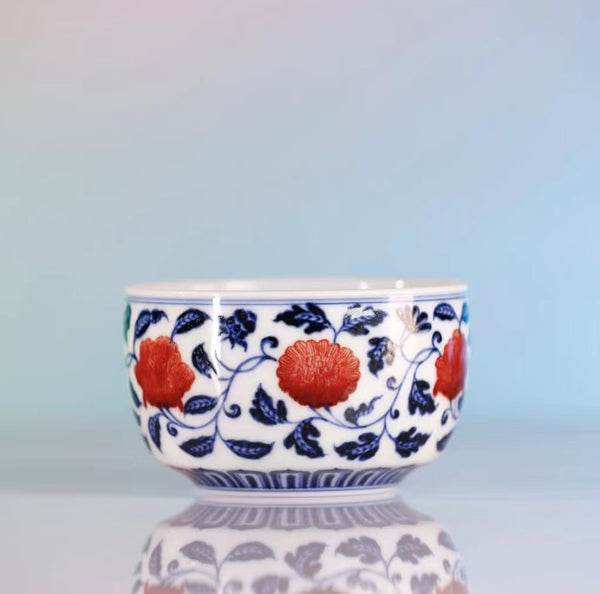 Handcrafted Underglaze Red Dragon and Lotus Pattern QingHua Master Cup with Hand-drawing from YiPuTang