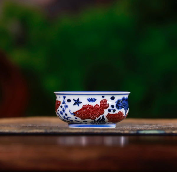 Handcrafted Underglaze Red Fish and Seaweed QingHua Master Cup with Hand-drawing from YongMingShangWan