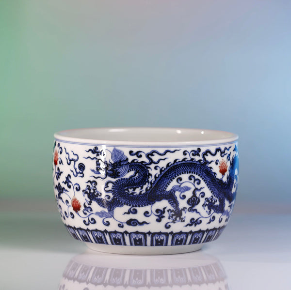 Handcrafted Underglaze Red Dragon and Lotus Pattern QingHua Master Cup with Hand-drawing from YiPuTang