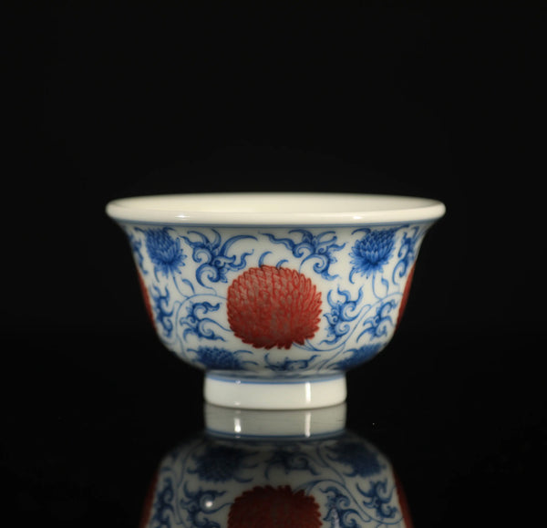 120ml Handcrafted Underglaze Red Chrysanthemum Pattern QingHua Master Cup with Hand-drawing from YiPuTang