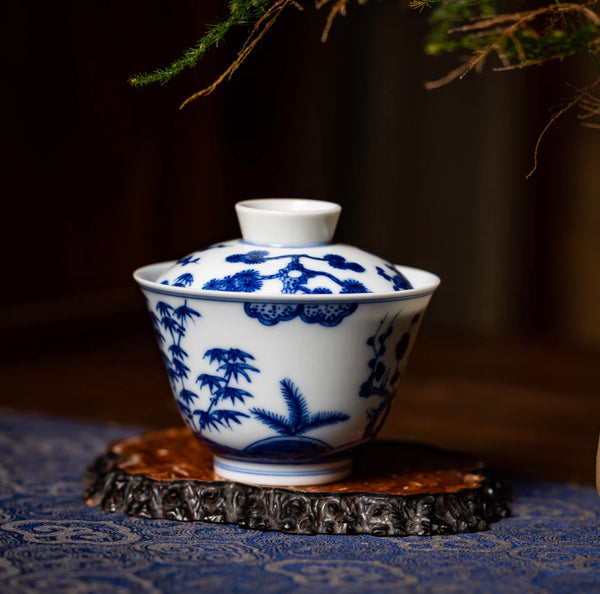 Traditional One Color Pine,Bamboo and Plum Pattern GaiWan by Hand-drawing