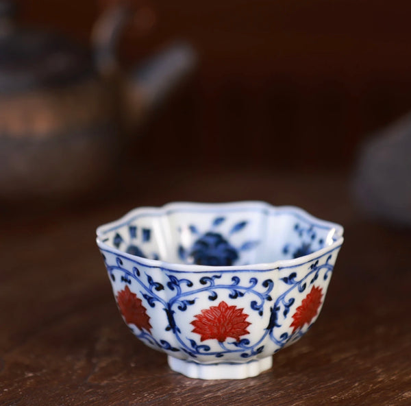 Handcrafted Underglaze Red Lotus Pattern QingHua Hexagonal Master Cup with Hand-drawing from YiPuTang