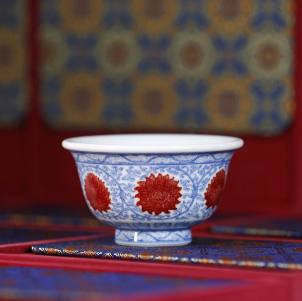 Handcrafted Underglaze Red Lotus Pattern QingHua Master Cup with Hand-drawing