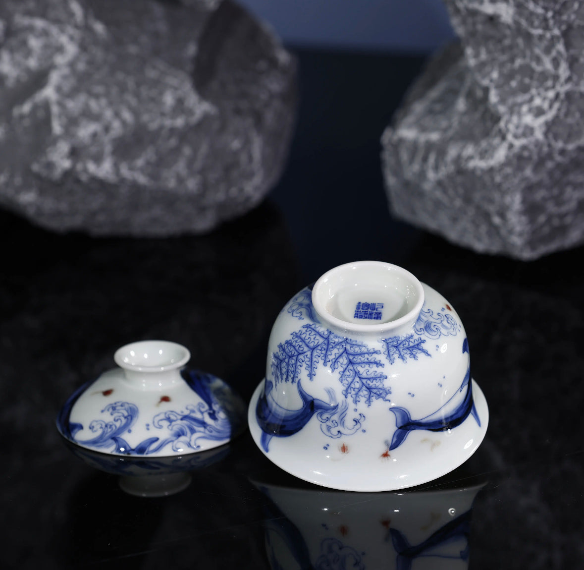 YiPuTang YouLiHong Dolphin Dandelion BuDai GaiWan  屹朴堂  釉里红 海豚蒲公英  布袋盖碗