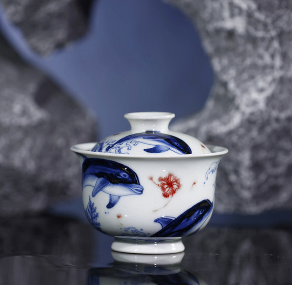 Handcrafted Underglaze Red Dolphin Pattern QingHua GaiWan with Hand-drawing from YiPuTang