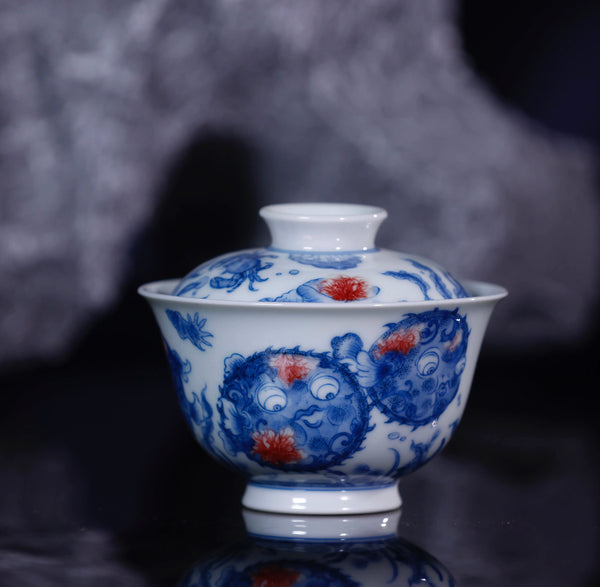 Handcrafted Underglaze Red Globefish Pattern QingHua GaiWan with Hand-drawing from YiPuTang