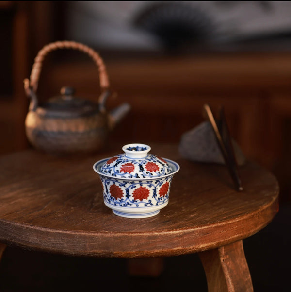 Traditional Underglaze Red Flower Pattern QingHua GaiWan with Hand-drawing from YiPuTang