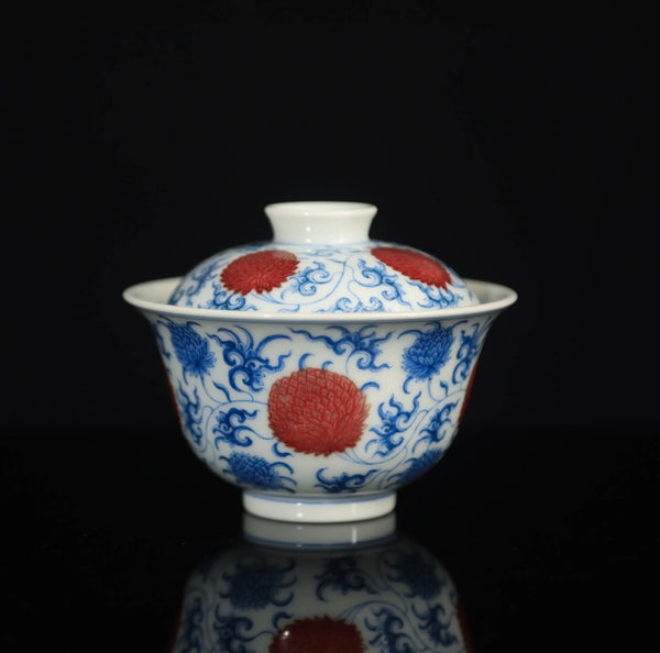 100ml Handcrafted Underglaze Red Chrysanthemum Pattern QingHua GaiWan with Hand-drawing from YiPuTang