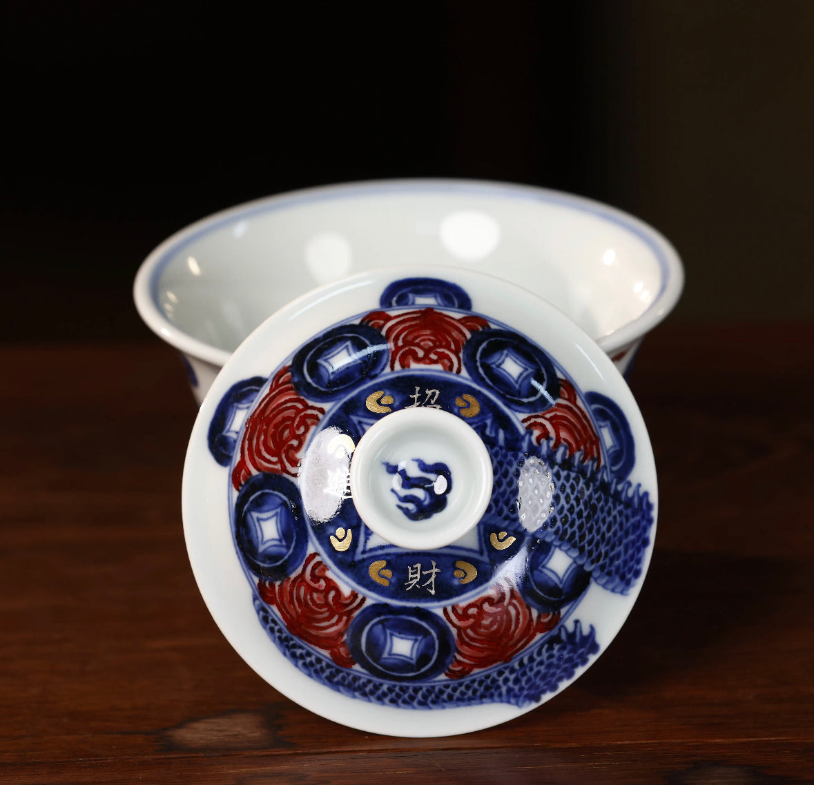 YongMingShangWan YouLiHong LongZhuanQianKun QingHua GaiWan 永明尚玩 釉里红 龙转乾坤 青花盖碗