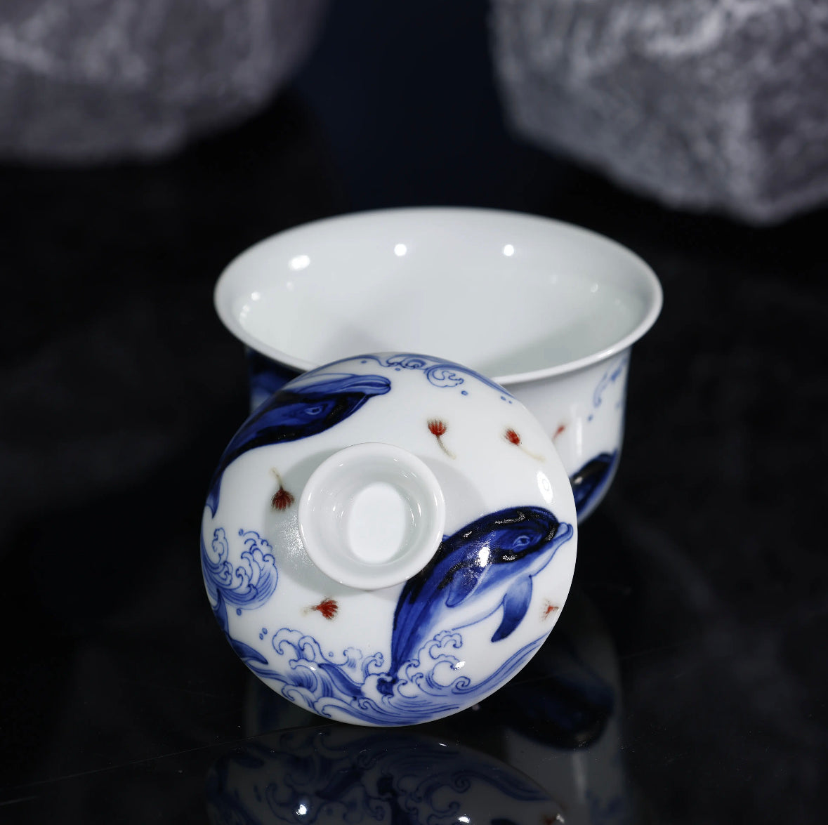 YiPuTang YouLiHong Dolphin Dandelion BuDai GaiWan  屹朴堂  釉里红 海豚蒲公英  布袋盖碗