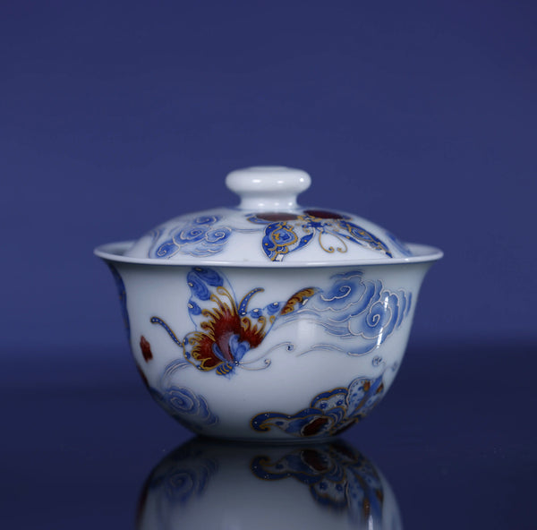 Handcrafted Underglaze Red Butterfly Pattern QingHua GaiWan with Hand-drawing from YiPuTang