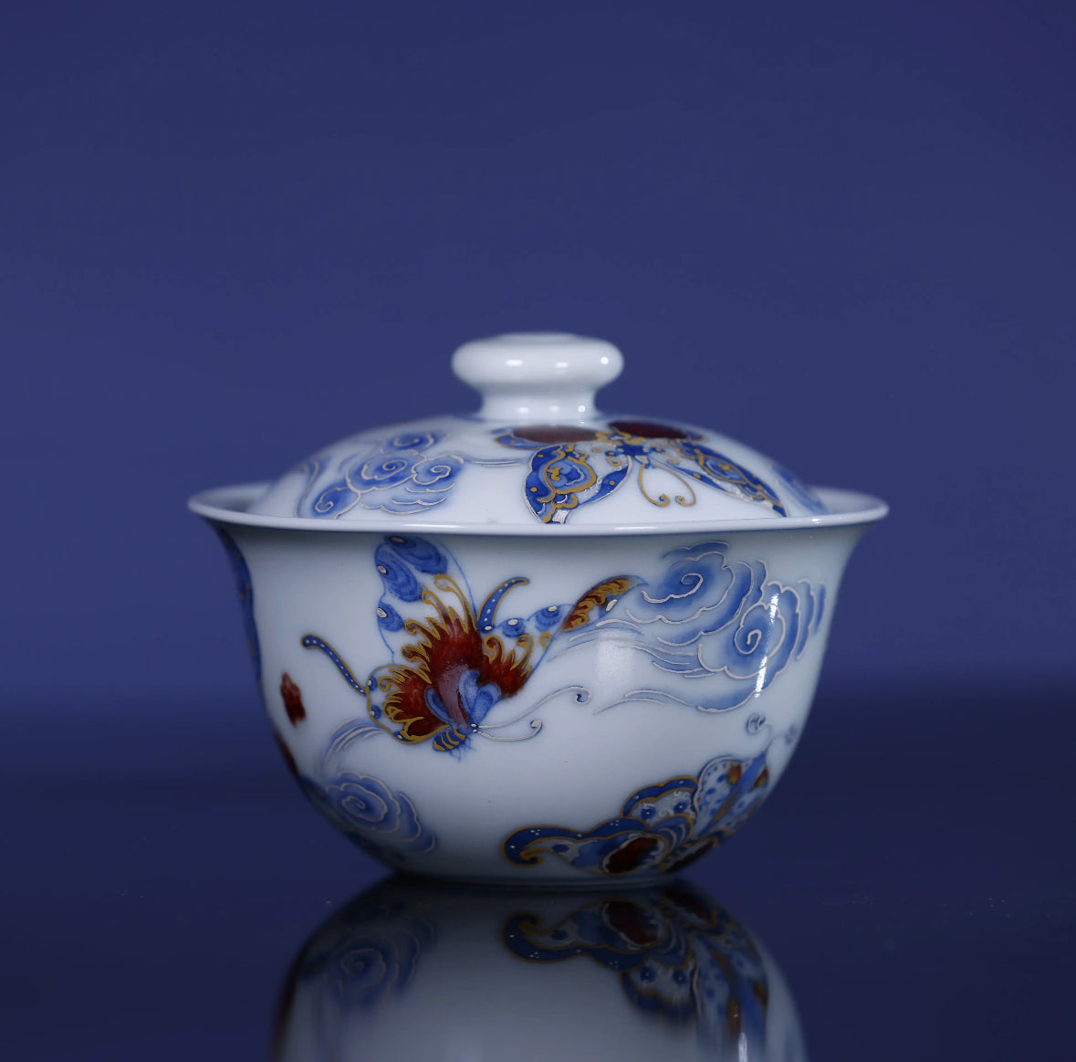 YiPuTang YouLiHong  GoldsilverCuoButterflyWen QingHua GaiWan 屹朴堂 釉里红 金银错蝴蝶纹 青花盖碗