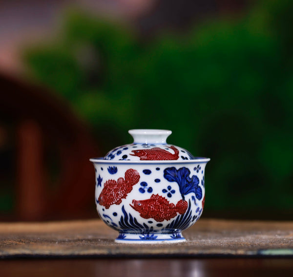 Handcrafted Underglaze Red Fish and Seaweed QingHua GaiWan with Hand-drawing from YongMingShangWan