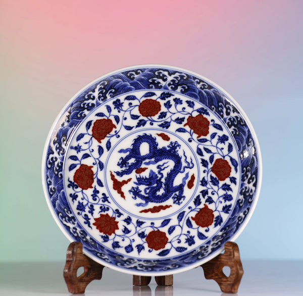 Handcrafted Underglaze Red Dragon and Lotus Pattern QingHua HuCheng with Hand-drawing from YiPuTang